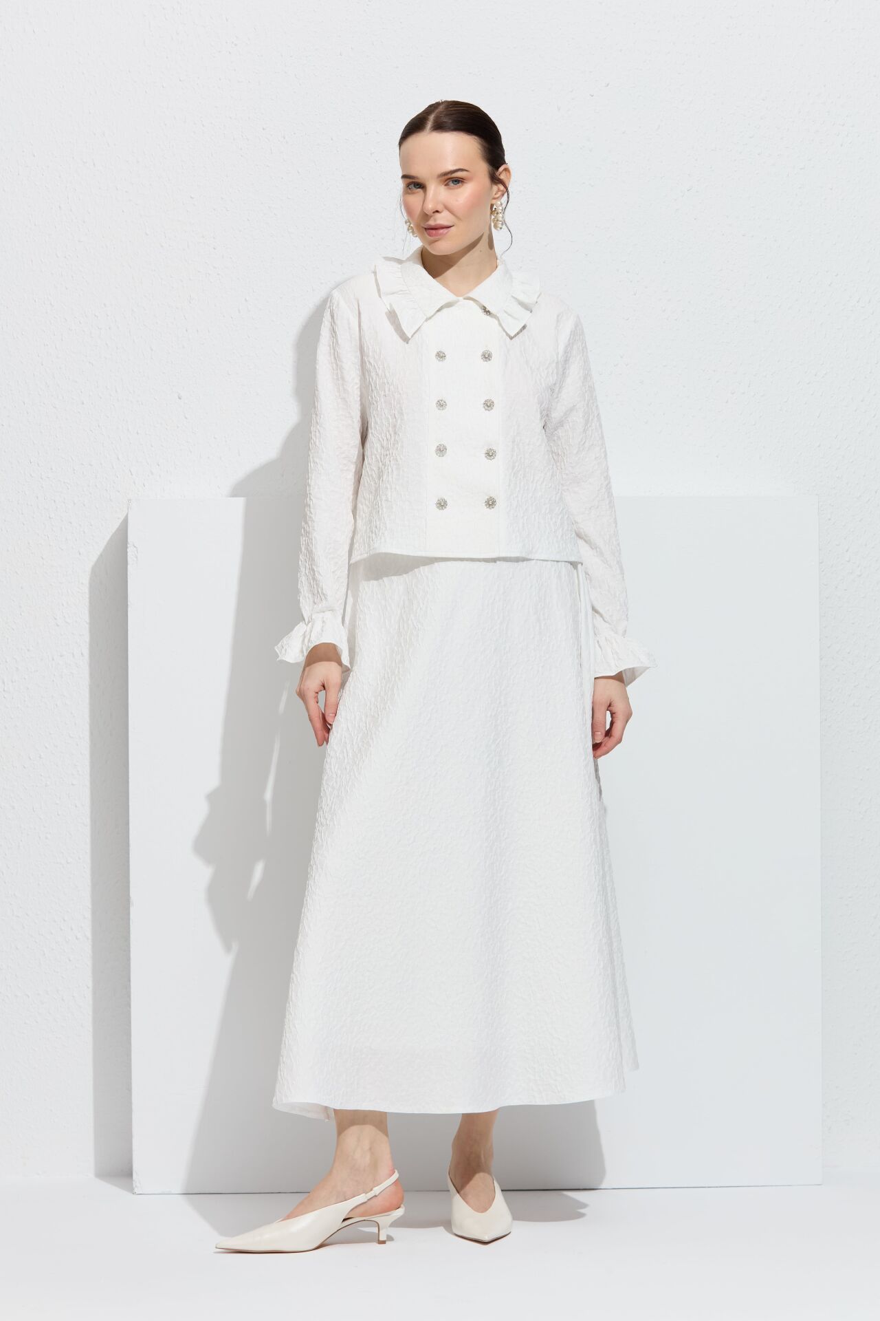 N'Prive Düğme Detaylı Crop - Etekli Takım